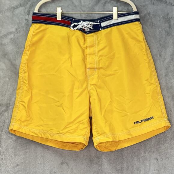 Vintage Tommy‎ Hilfiger Men's 7" Swim Trunk Shorts Yellow Nylon Sz L - Picture 1 of 12